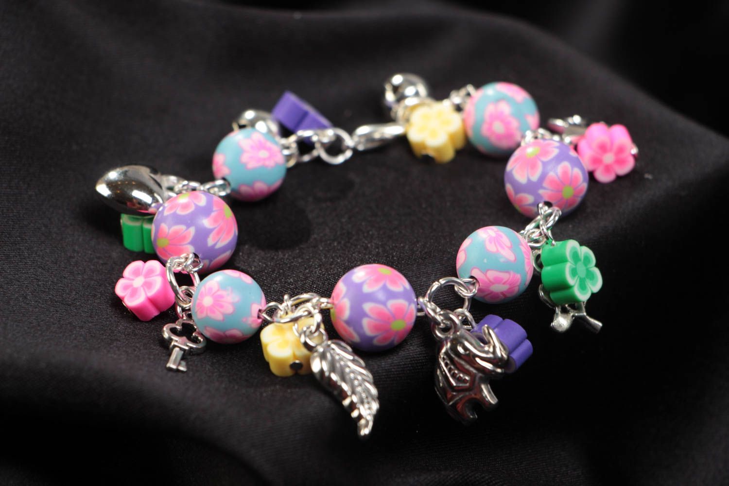 Bright colorful handmade children's polymer clay wrist bracelet with charms photo 1