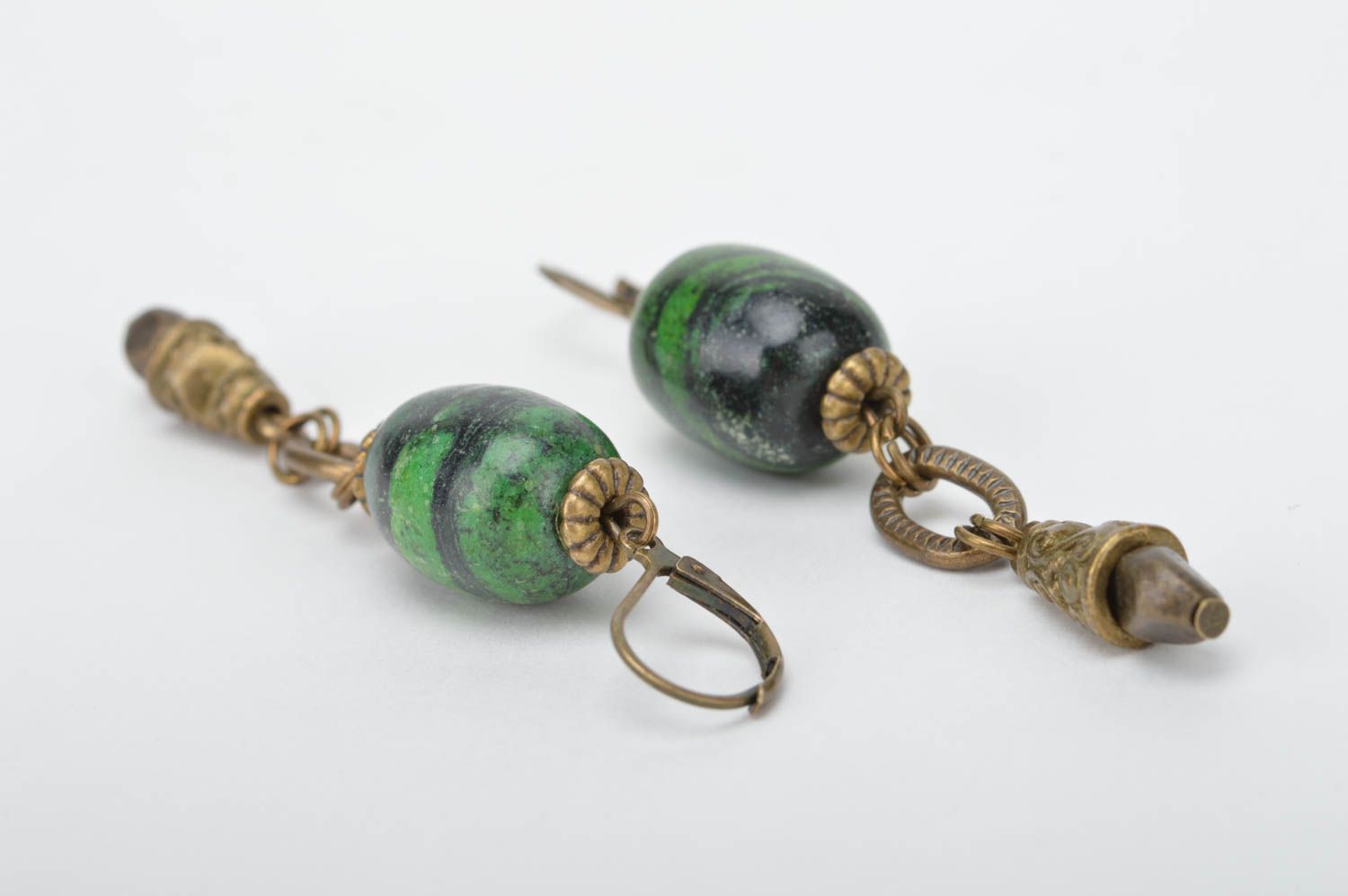 Massive designer stylish cute handmade metal earrings with big green beads photo 5