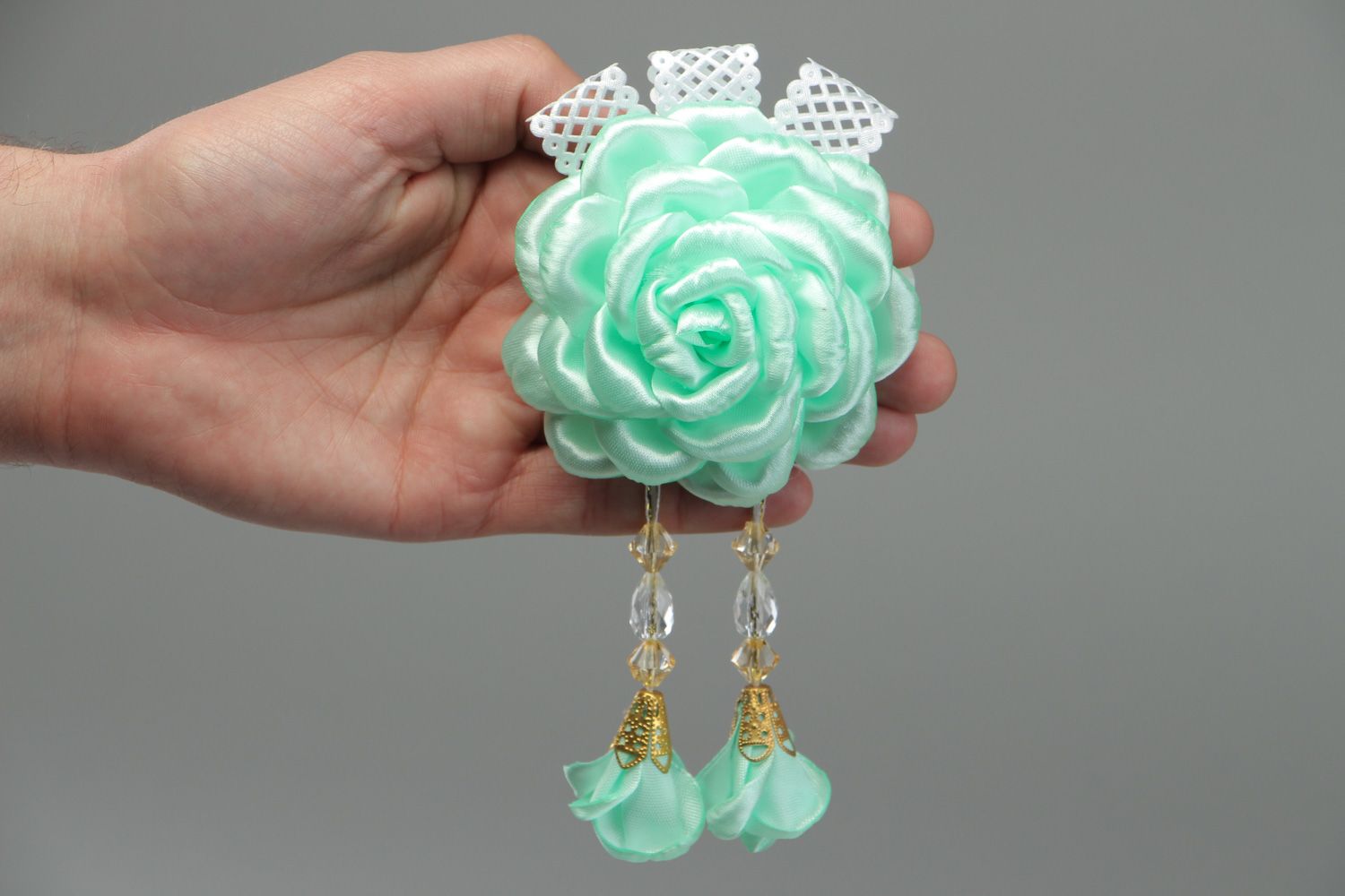 Handmade hair clip with flower made of satin ribbons of mint color and beads photo 4