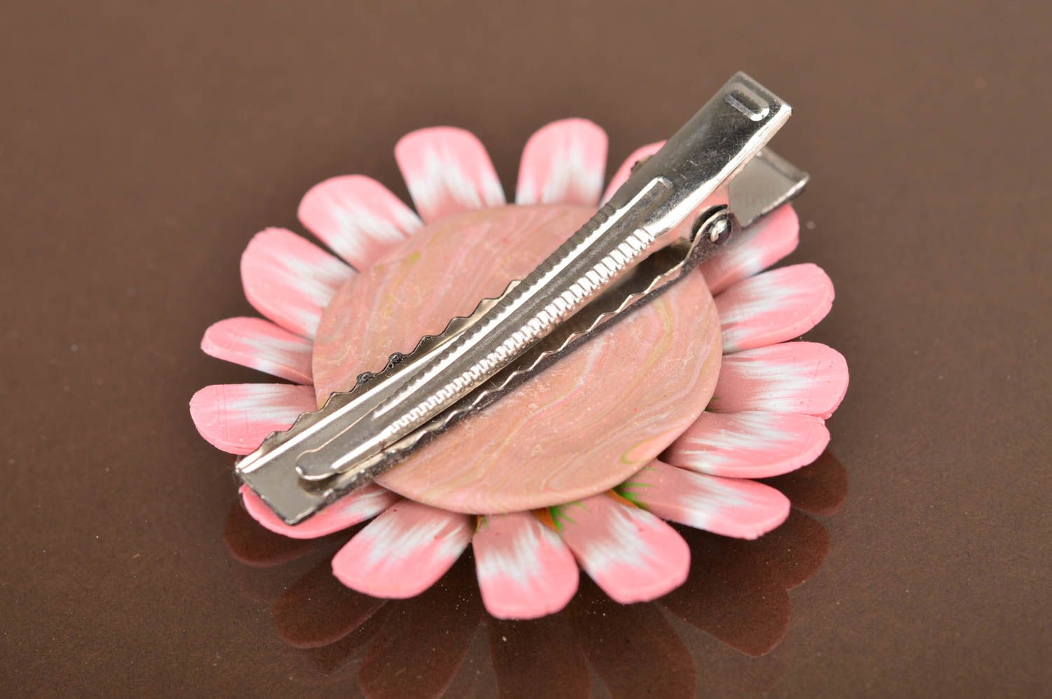 Handmade designer hair clip with volume polymer clay flower pink gerbera photo 5