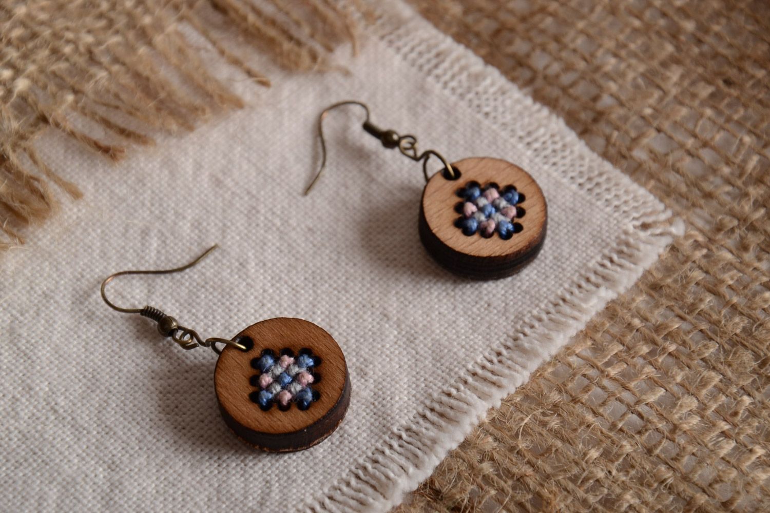 Handmade plywood stylish designer's earrings with cross-stitch embroidery in eco style photo 1