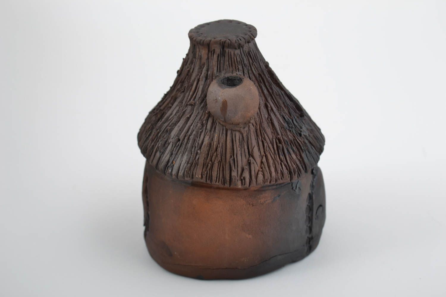 Salvadanaio in ceramica fatto a mano regalo a forma di casetta marrone foto 3