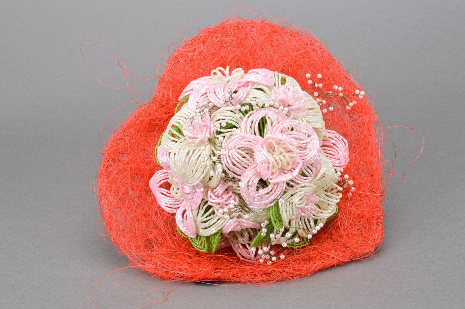 Handmade beaded bridal bouquet of white color with red holder photo 2