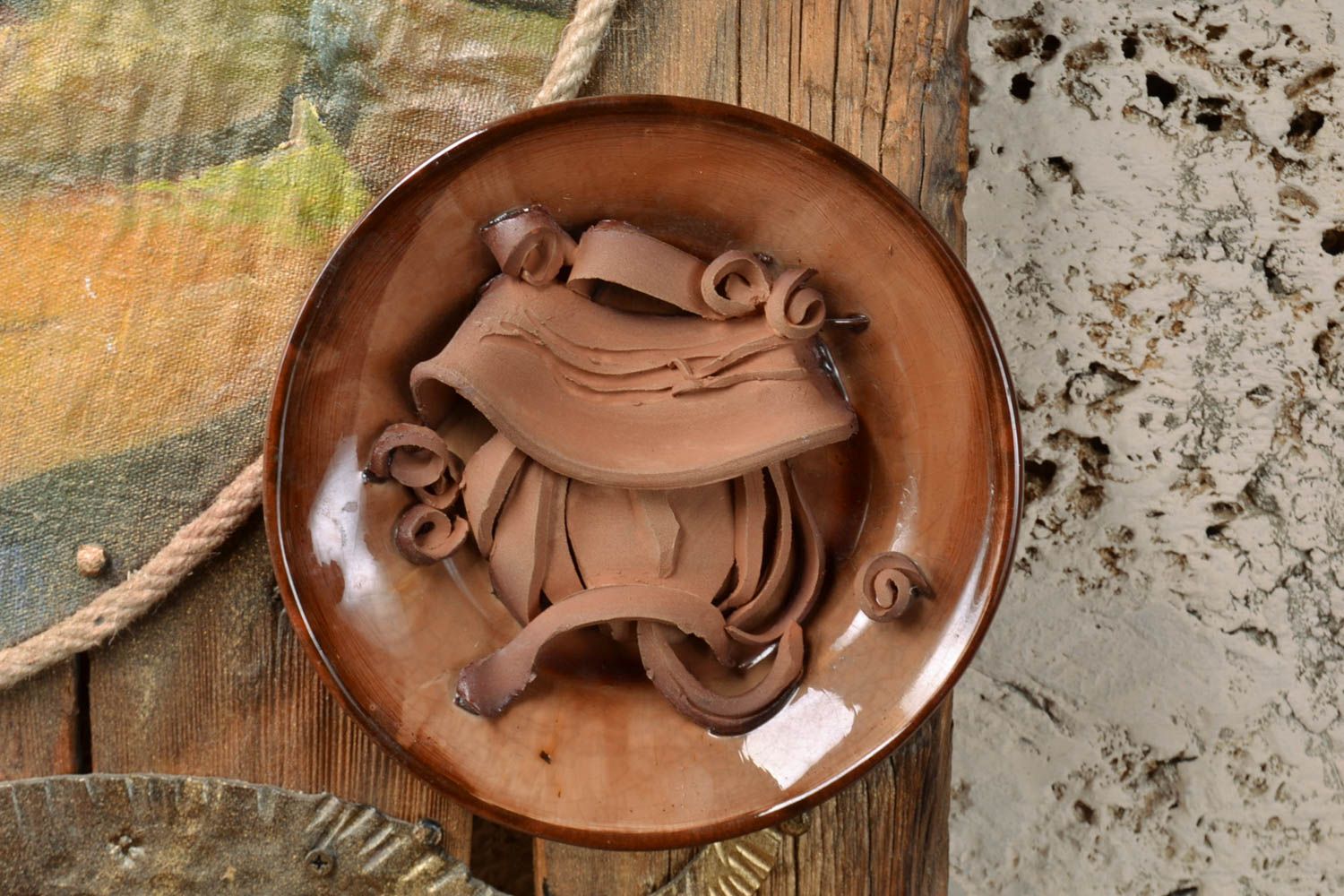 Handmade ceramic plate coated with glaze decorative unusual interior pottery photo 1