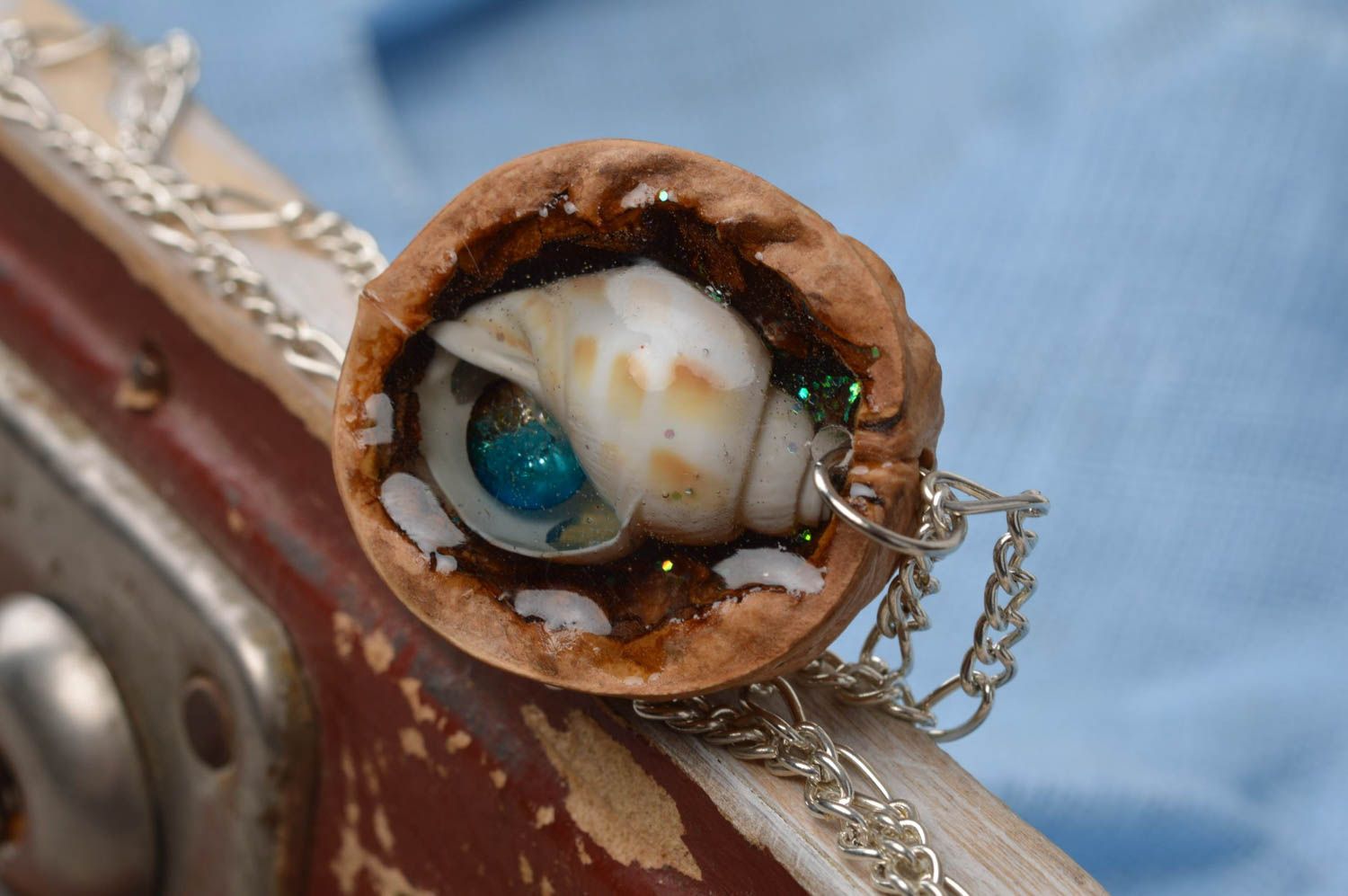Beautiful handmade designer neck pendant with seashell and nutshell Sea Breeze photo 3