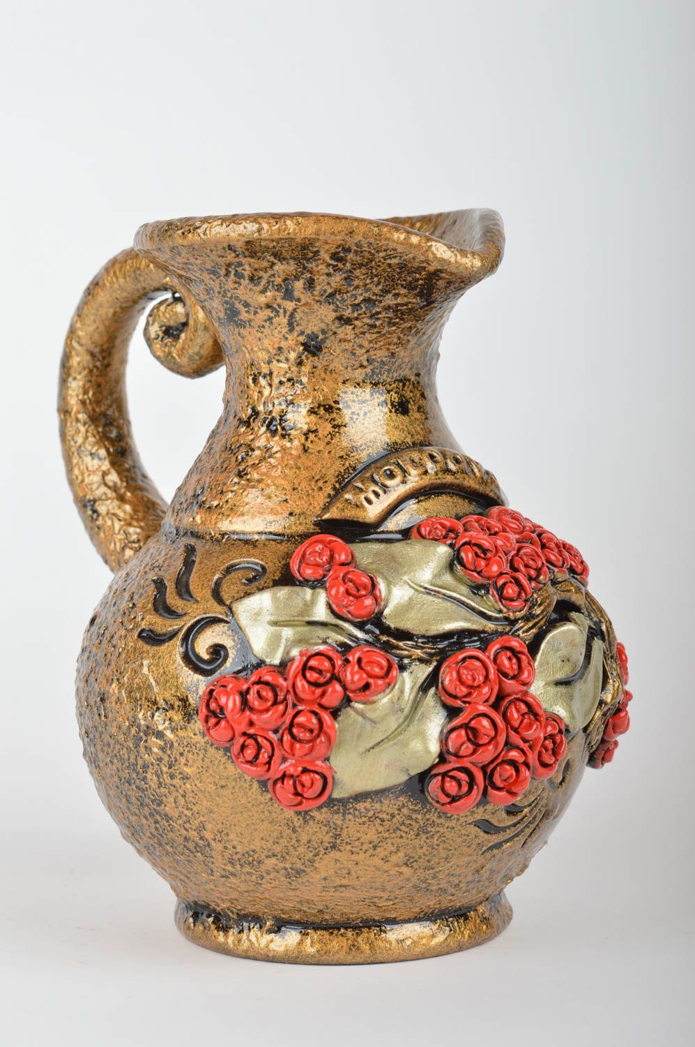 Cruche en céramique faite main avec anse couleur or vaisselle originale photo 2