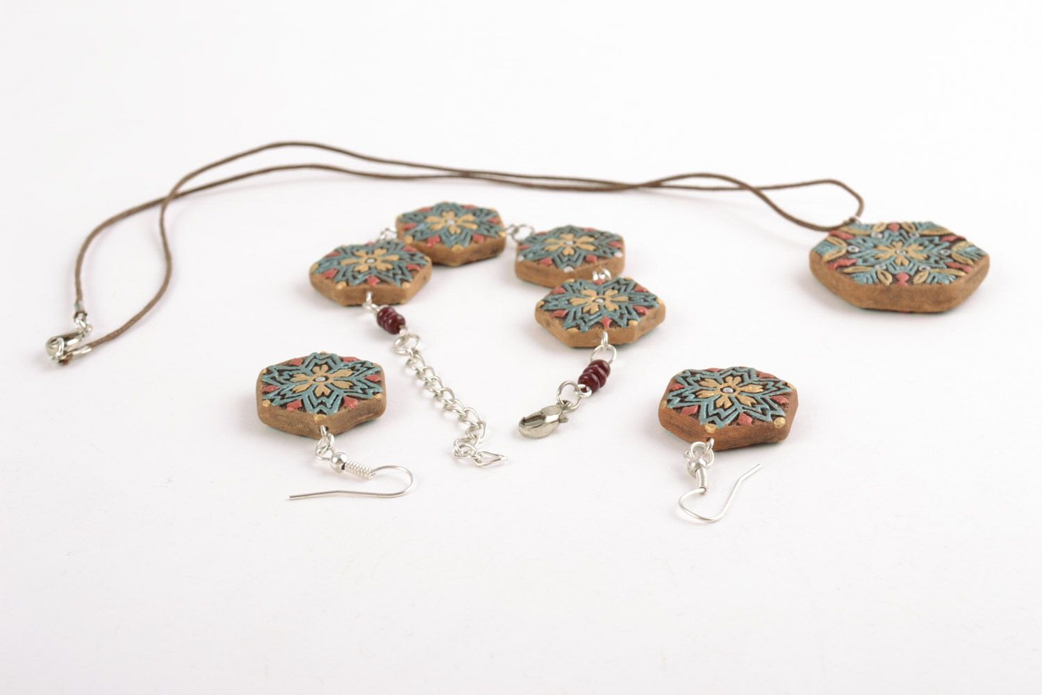 Set of handmade ethnic ceramic jewelry 3 items pendant earrings and bracelet photo 5