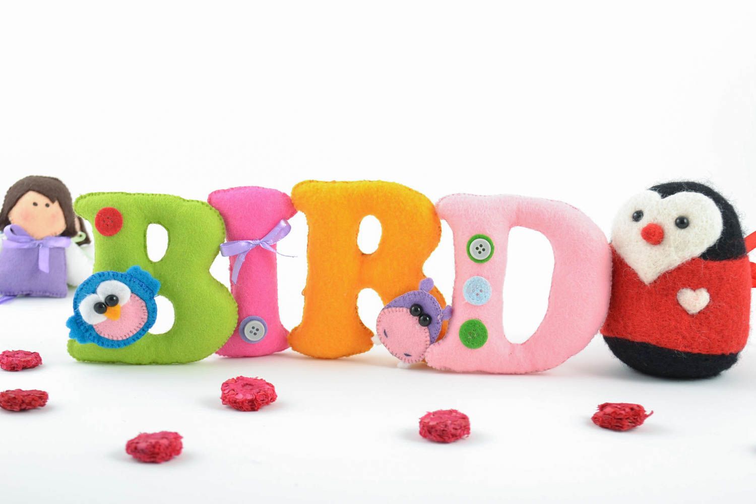 Set of handmade beautiful bright felt fabric soft letters for decor Bird photo 1