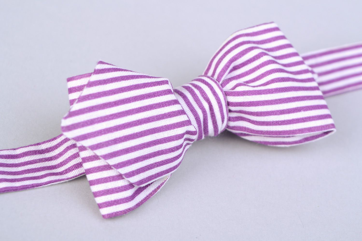 Handmade designer bow tie sewn of striped white and violet cotton fabric for men photo 4