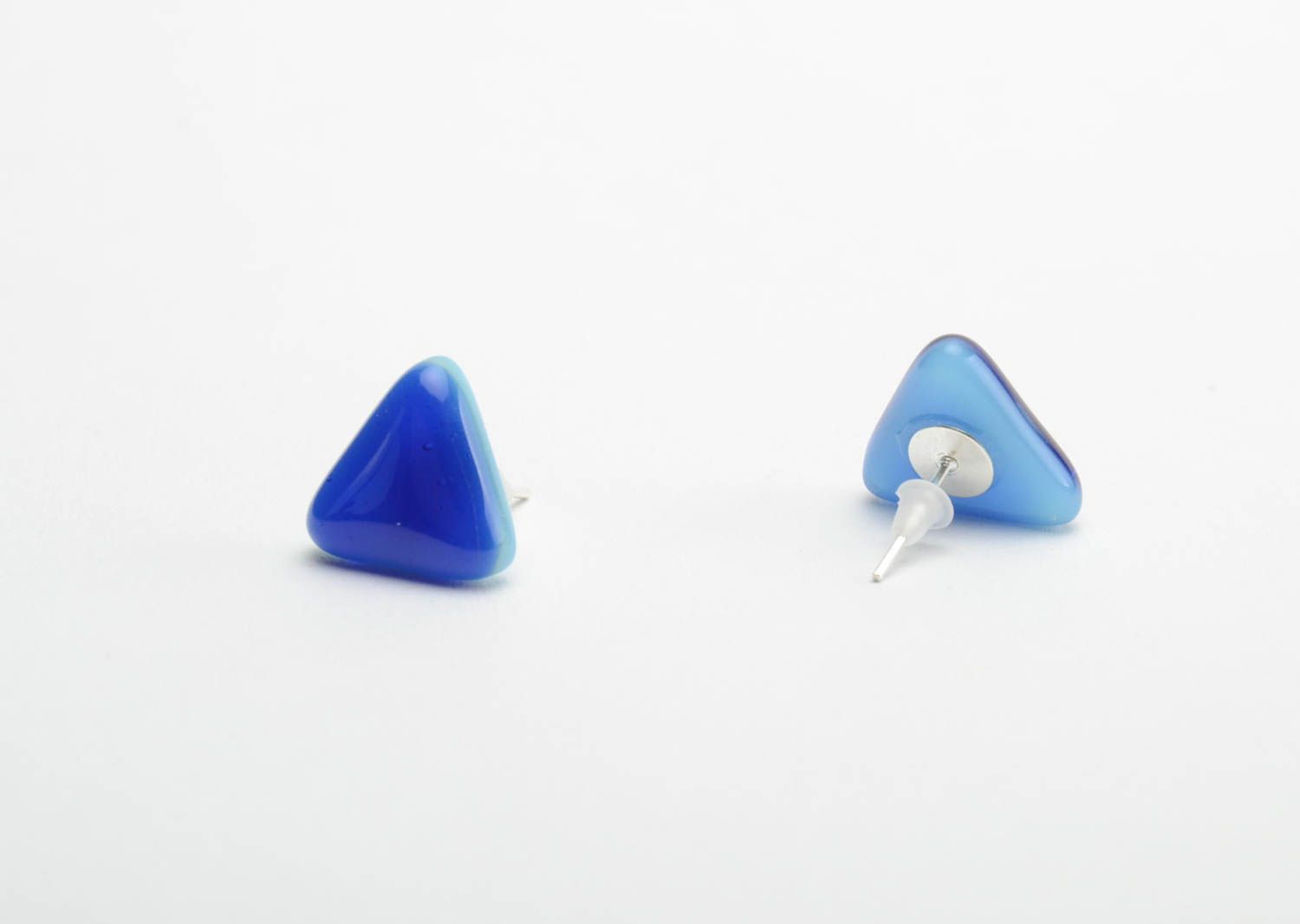 Beautiful earrings made of fusing glass triangular blue female handmade jewelry photo 3