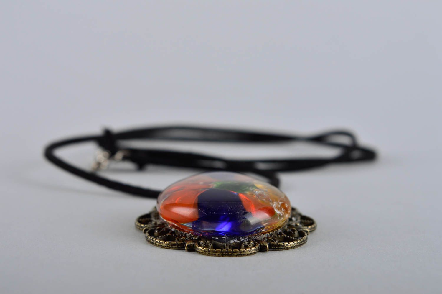 Handmade designer glass pendant unusual colorful jewelry cute accessory on lace photo 3
