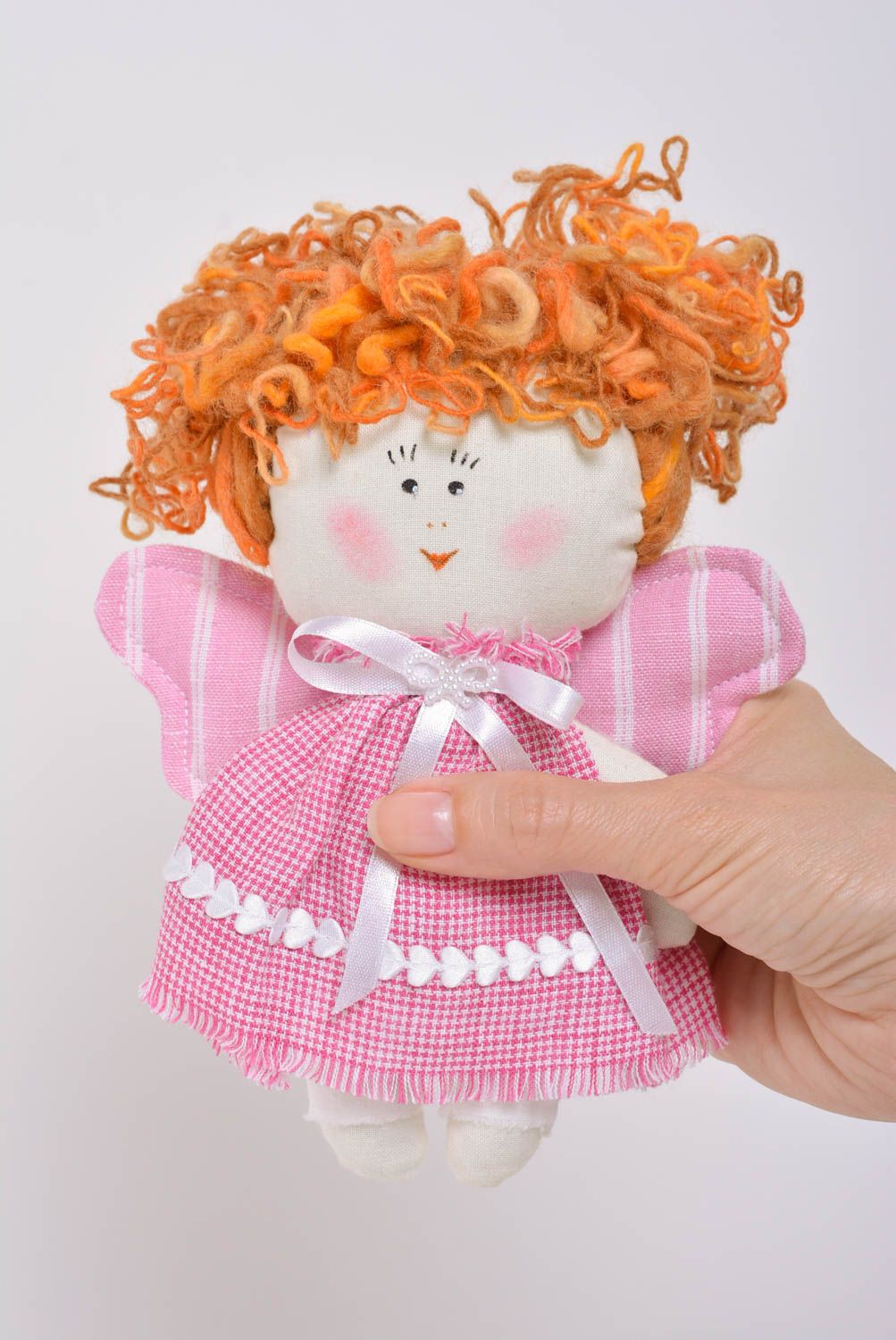 Handmade cotton fabric soft toy angel girl in pink dress with ginger hair photo 4