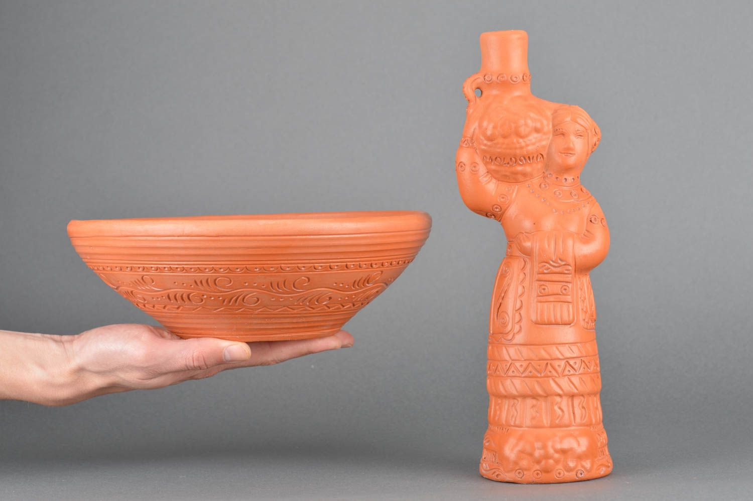 Set of handmade ethnic ceramic kitchenware fruit bowl 1.5 l and bottle 700 ml photo 2