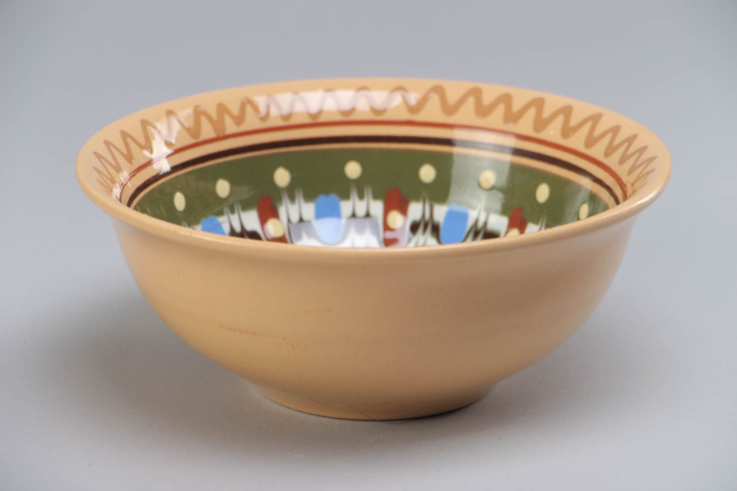 Handmade decorative ceramic bowl for 500 ml painted with ornaments with glaze photo 2