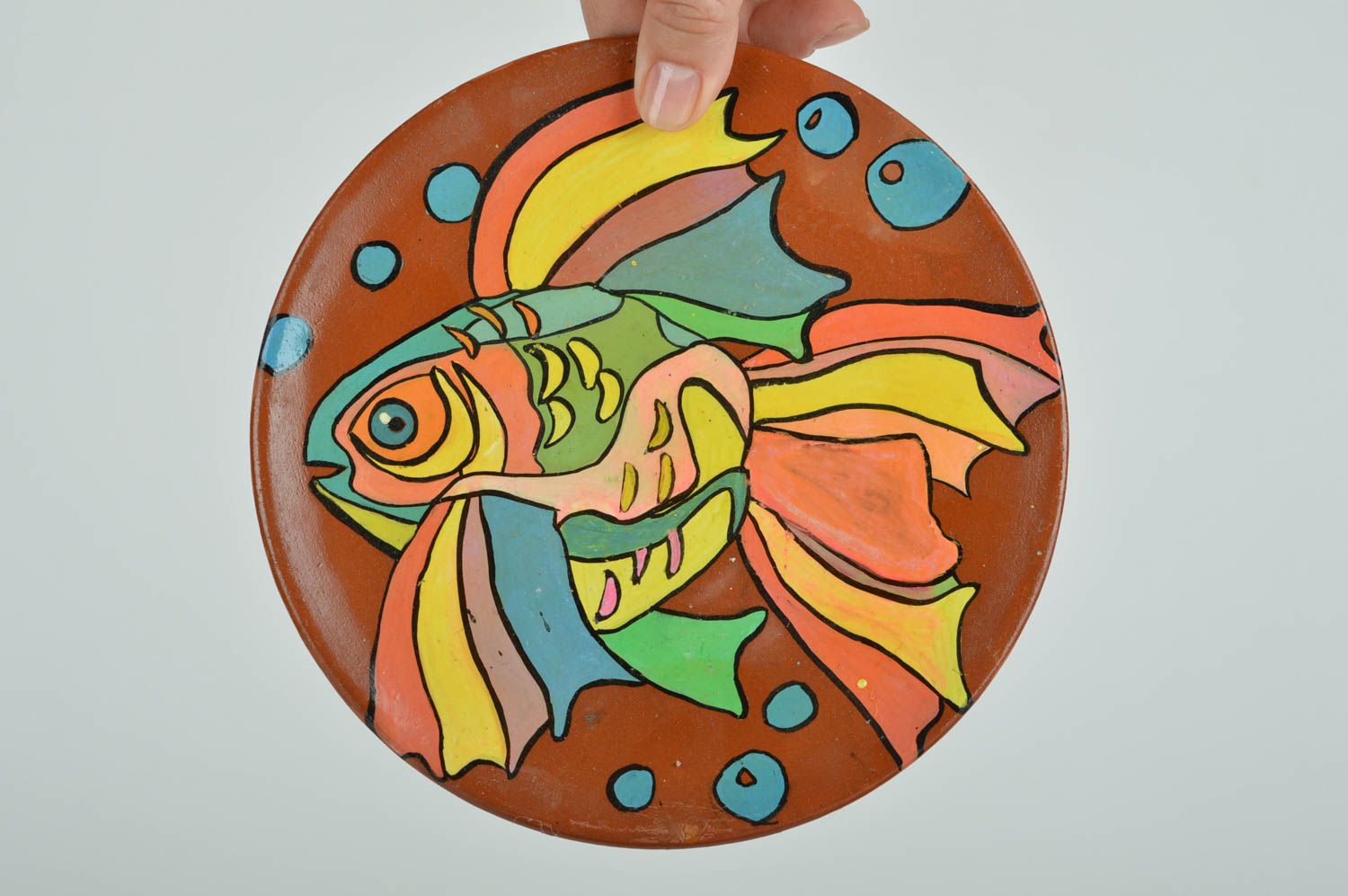 Расписная настенная тарелка ручной работы оригинальная красивая с рыбкой фото 5