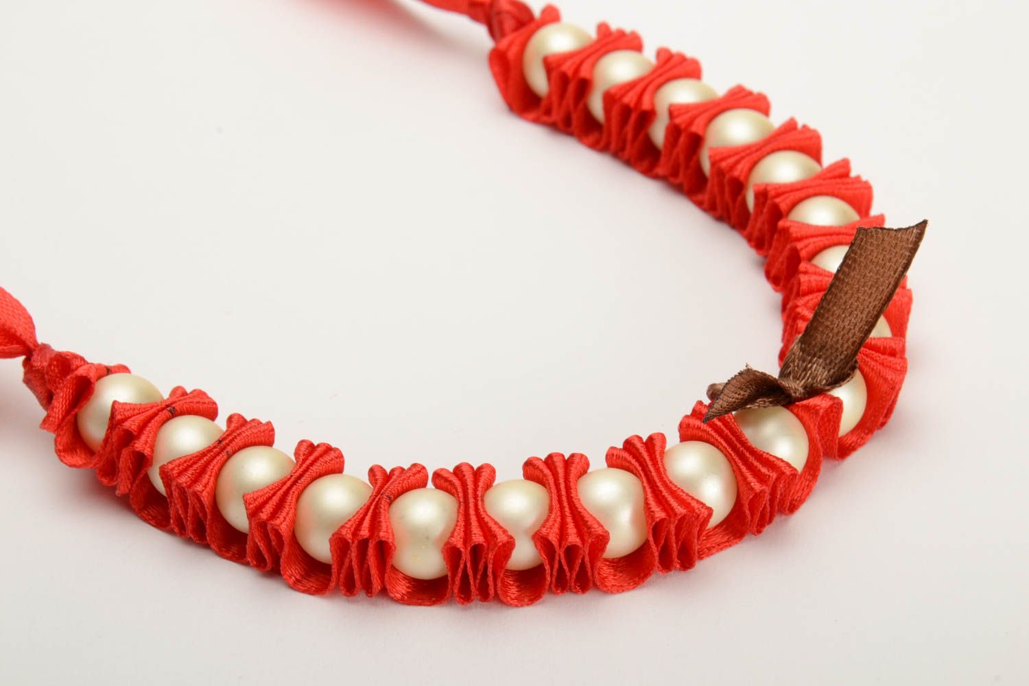 Handmade woven red satin ribbon bracelet with plastic beads Wine photo 2