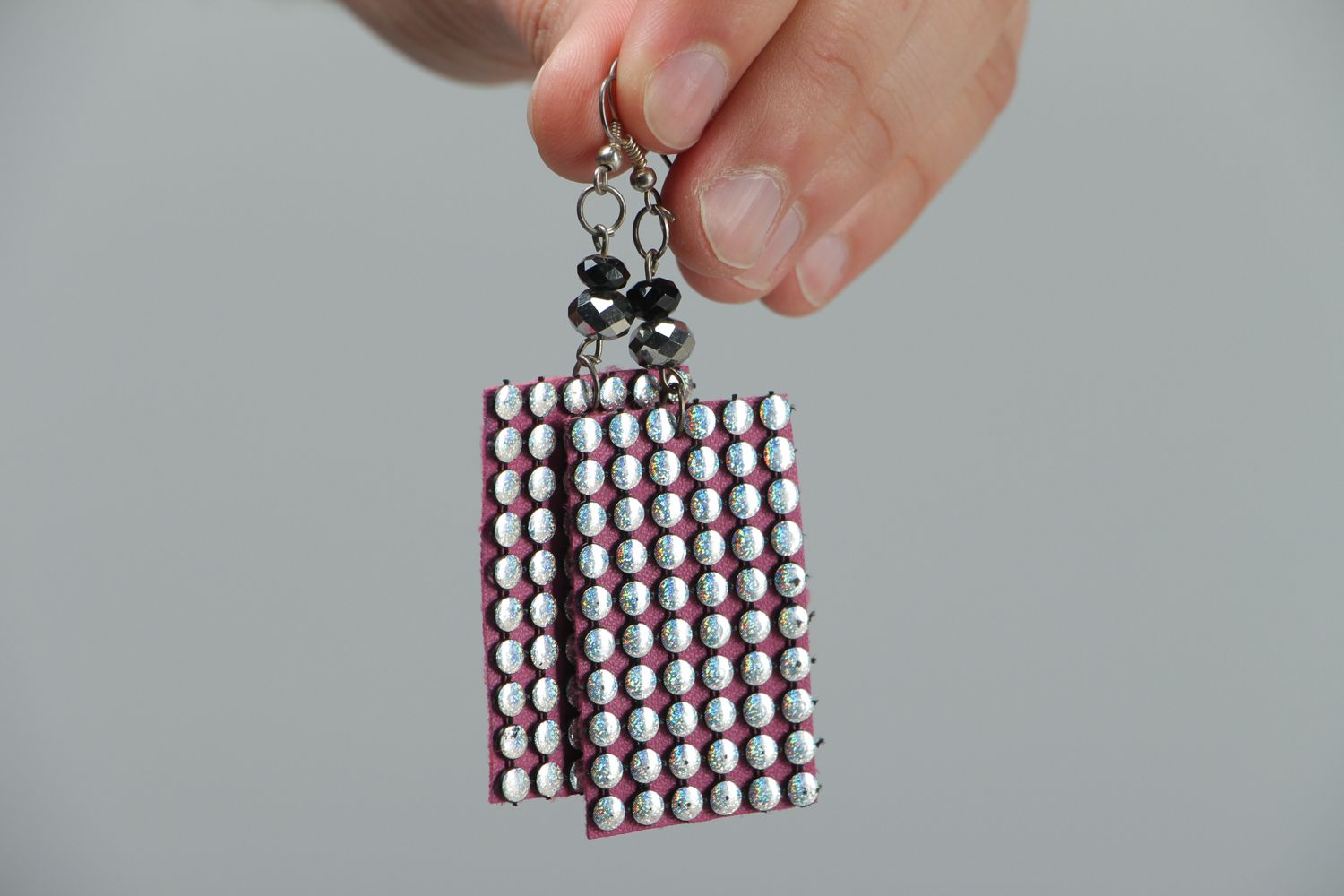 Artificial leather earrings of rectangular shape with rhinestones photo 4