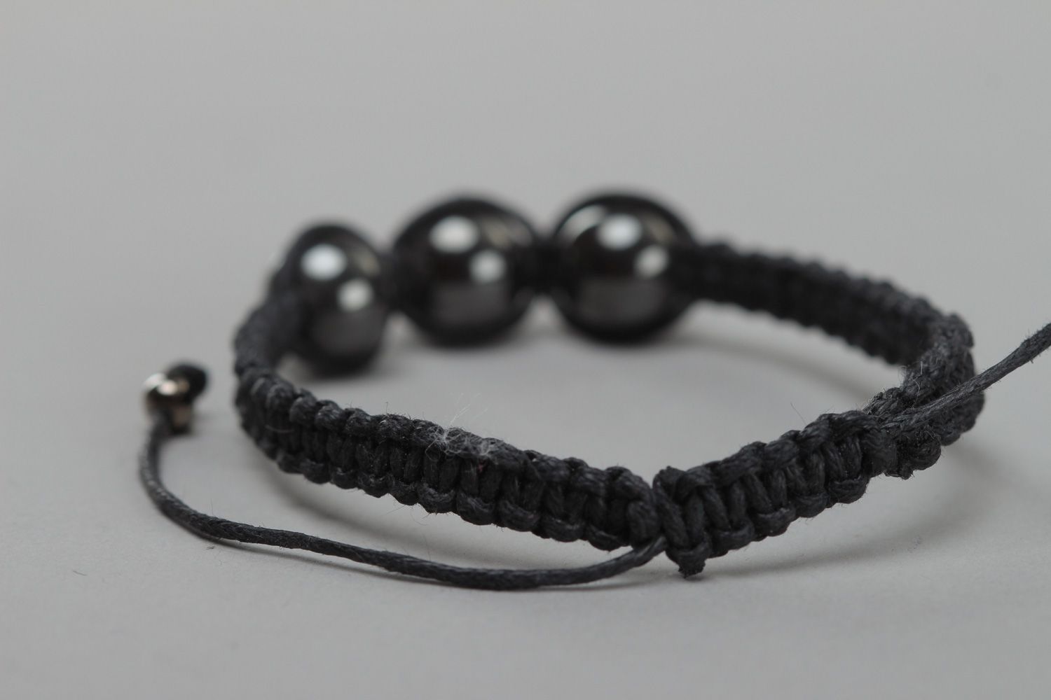 Handmade black friendship bracelet with waxed cord and hematite beads for women  photo 4