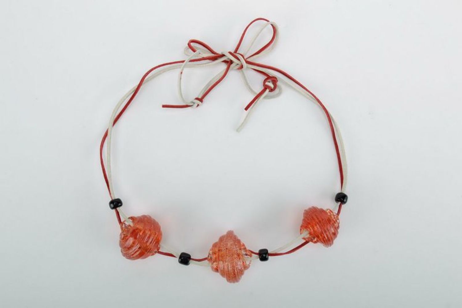 Red tough glass necklace with leather cord photo 2