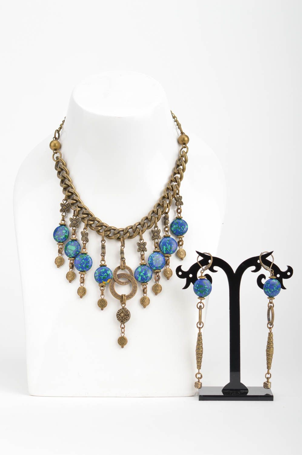 Handmade metal jewelry set with blue beads necklace and dangle earrings photo 3