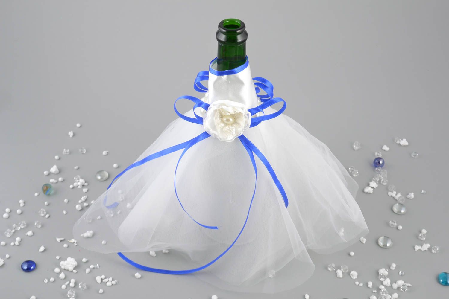 Handmade decorative wedding champagne bottle cover white dress with blue ribbons photo 1