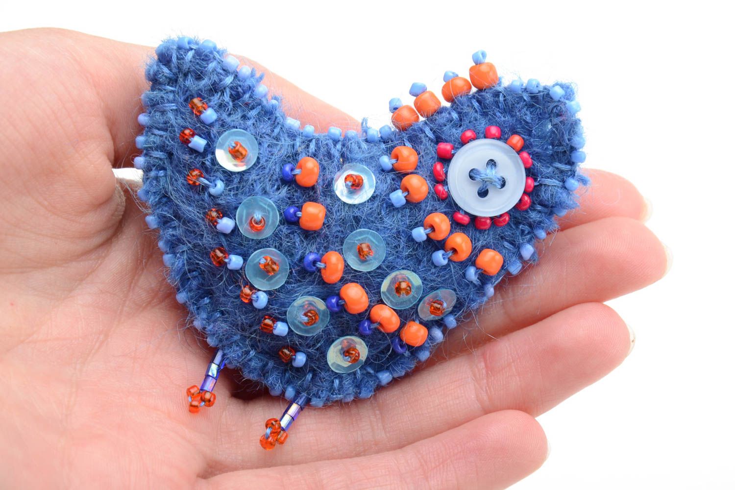 Beautiful blue handmade soft unusual brooch made of wool in the form of Bird photo 5