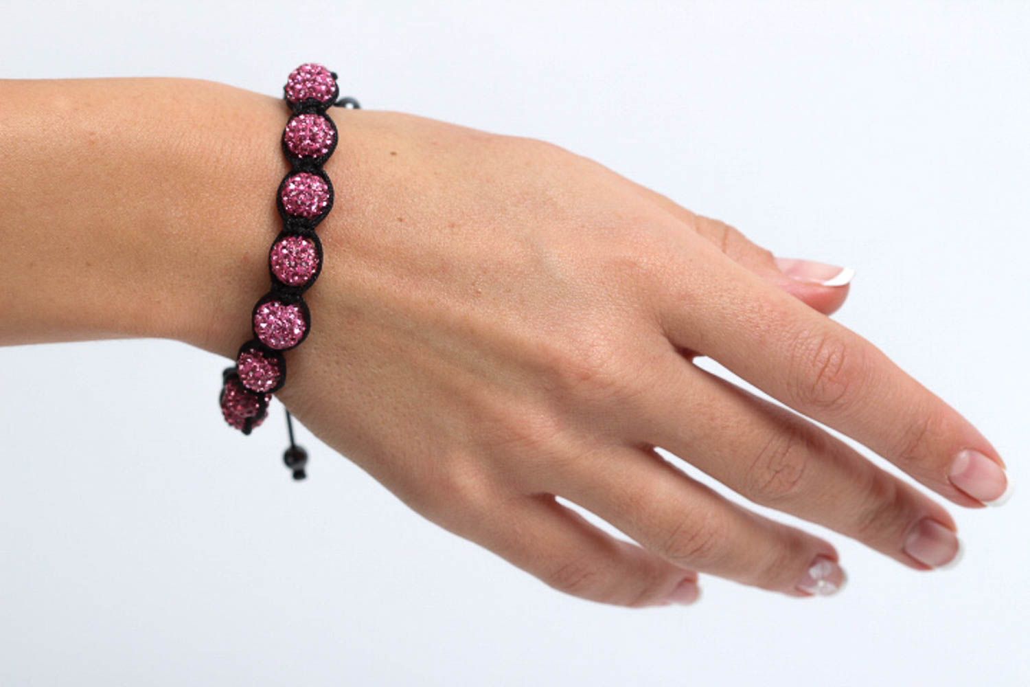 Strand pink and black beads bracelet on the black cord for women photo 5