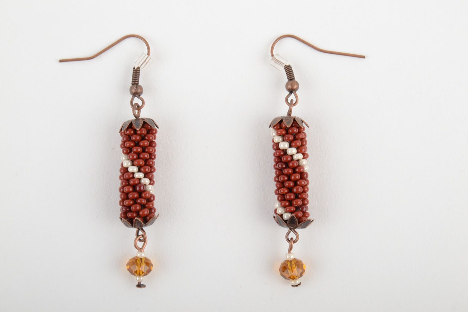 Handmade designer dangle earrings crocheted of beads in autumn color palette photo 5