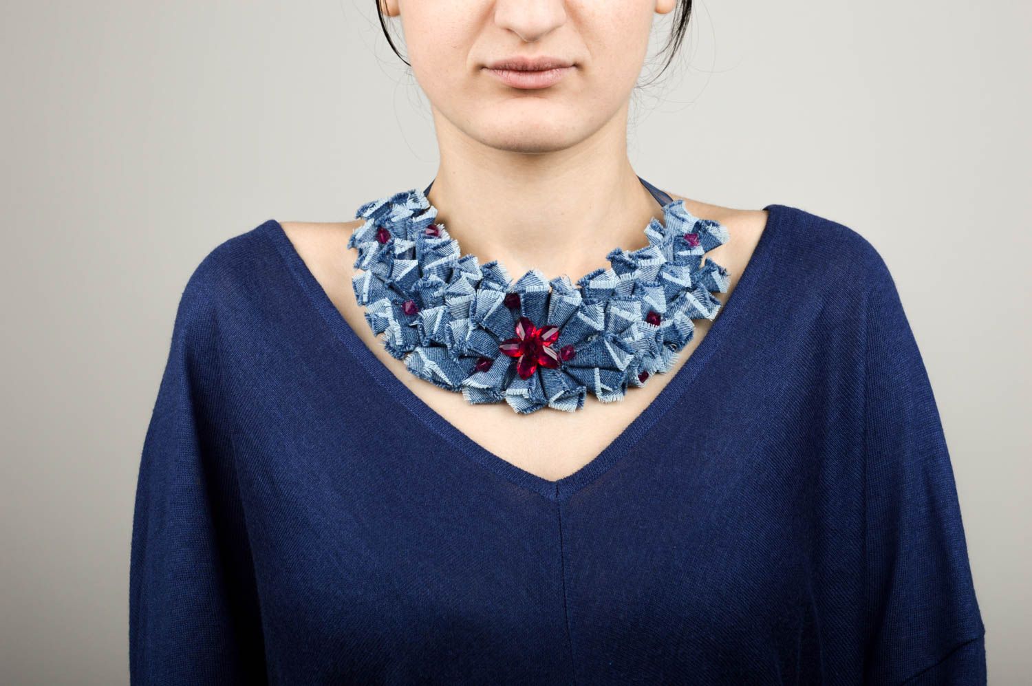 Handmade fabric necklace design jewelry denim necklace unusual necklace photo 1