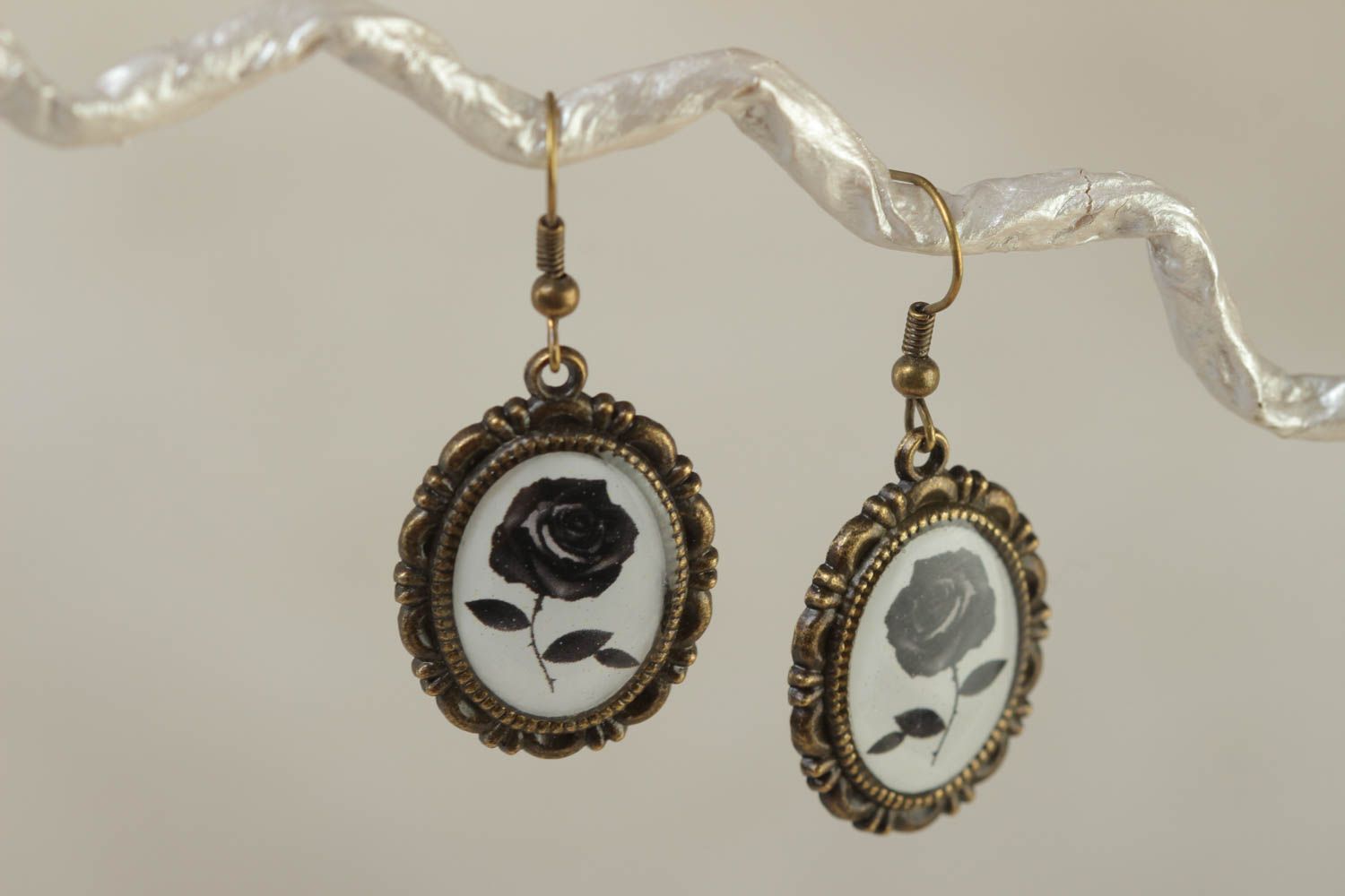 Handmade oval metal earrings with imagery of black roses coated with glass glaze photo 1