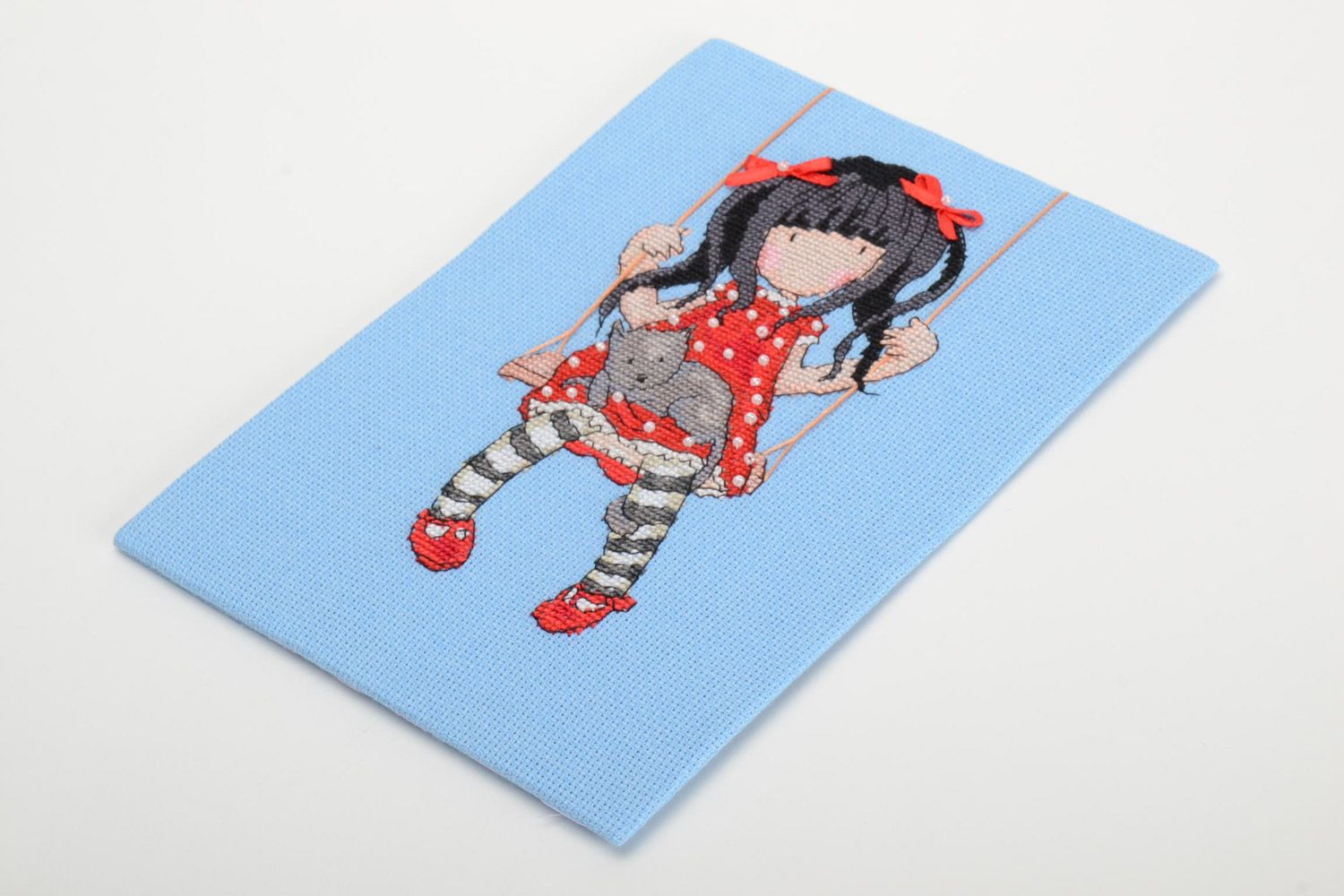 Handmade small wall picture embroidered on blue linen canvas Girl on Swing photo 2