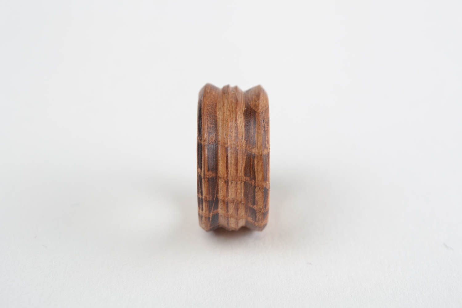 Handmade carved wooden jewelry ring of brown color of laconic design unisex photo 5