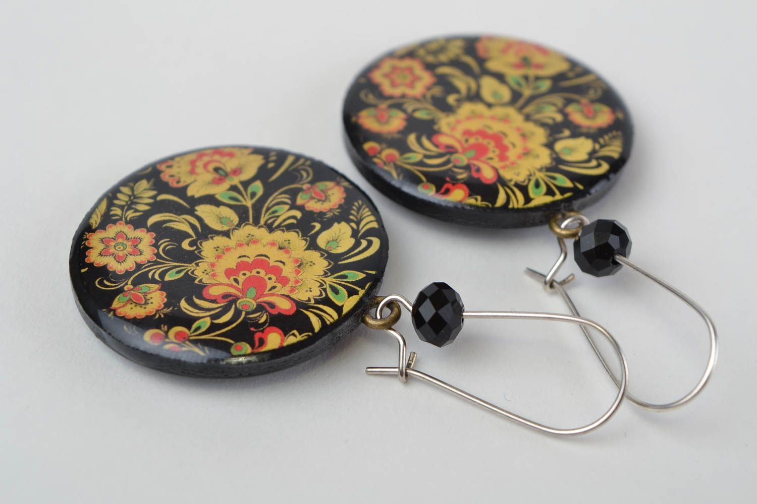 Black and yellow handmade designer polymer clay earrings with decoupage photo 4