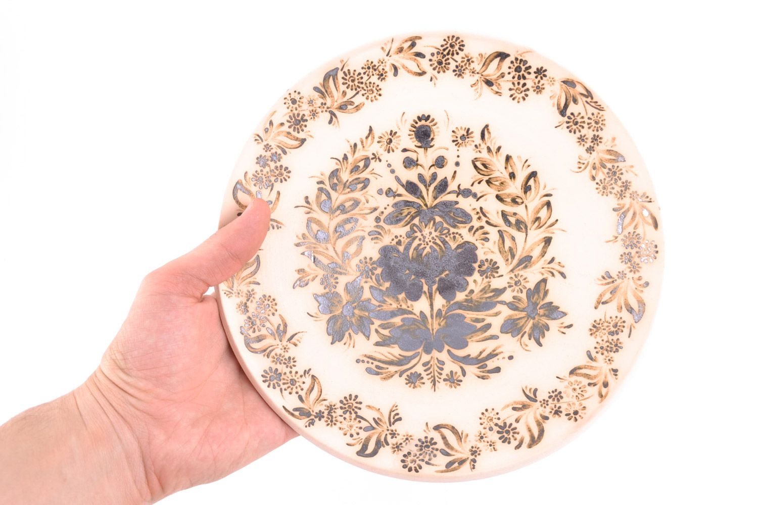 Handmade decorative ornamented light ceramic plate painted with glaze photo 2