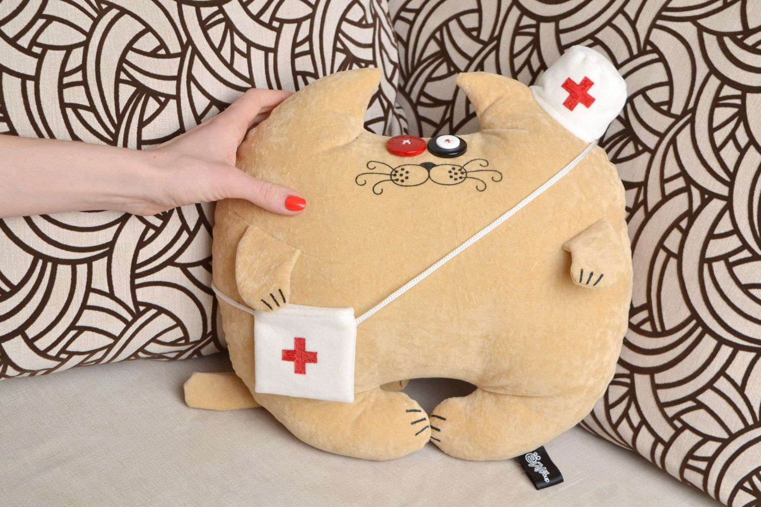 Unusual beige handmade cushion in the shape of cat sewn of flocking interior pillow pet photo 2