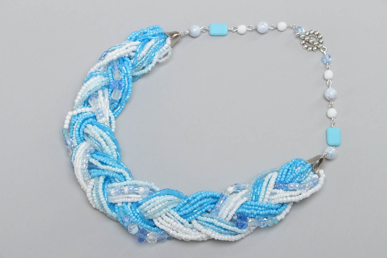 Handmade volume designer necklace woven of blue and white beads for women photo 2