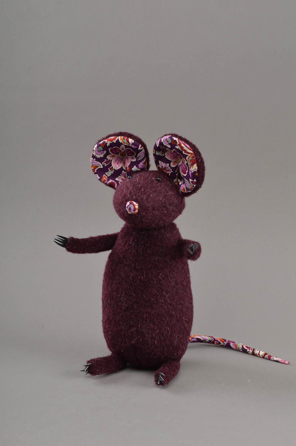 Small handmade children's half wool fabric soft toy Mouse of violet color photo 1