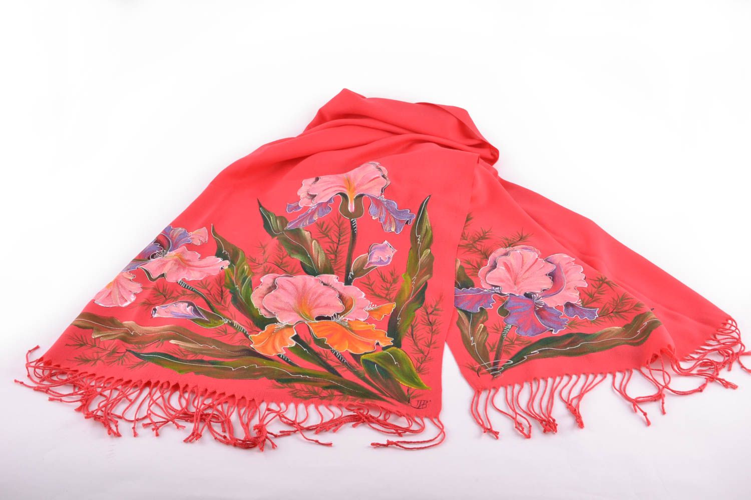 Beautiful painted cashmere scarf of coral color photo 4