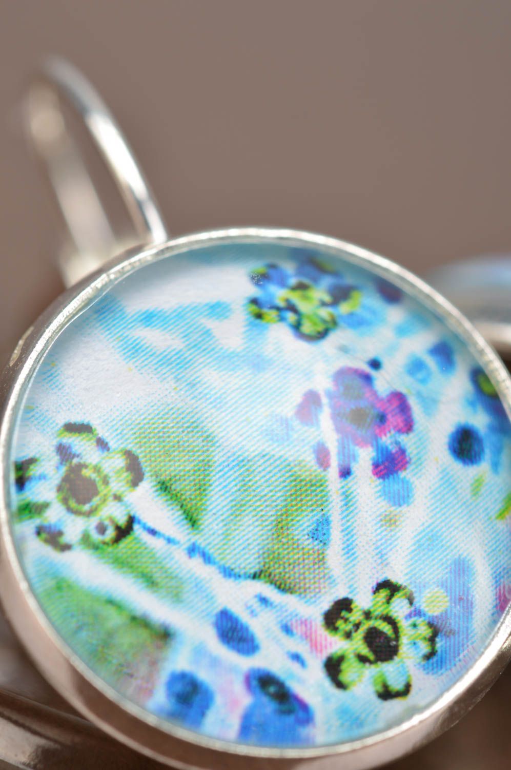 Unusual beautiful handmade designer round earrings with flower print Violets photo 4