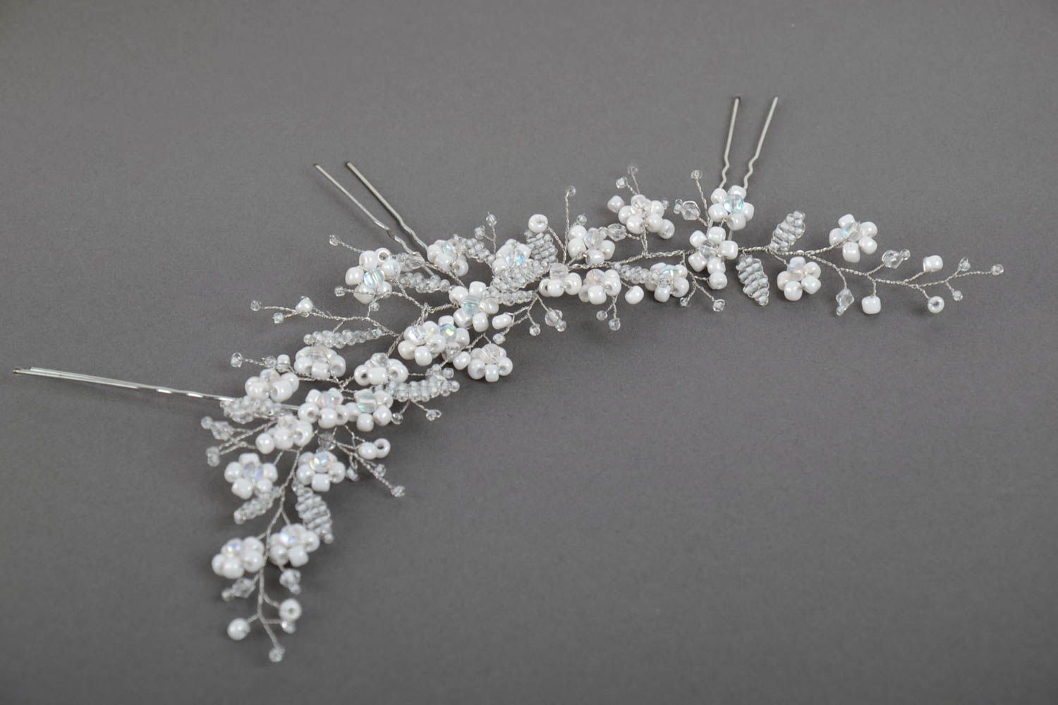 Handmade designer hair accessory with white beaded flowers with hair pins photo 2