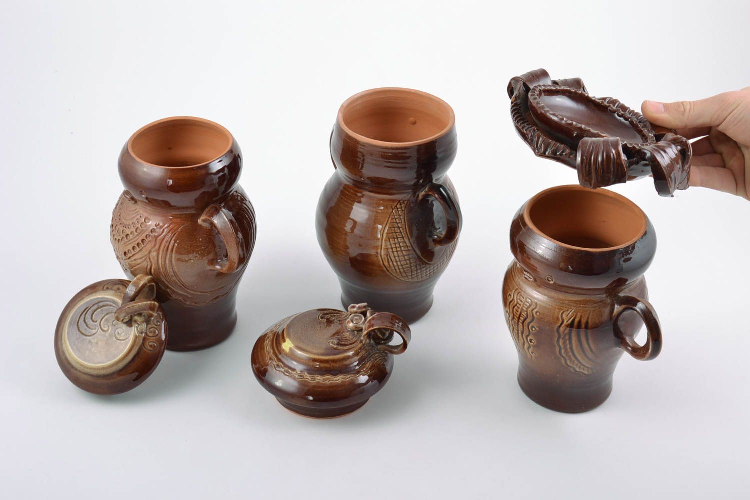 Set de pots à épices faits main terre cuite couverts de glaçure bruns 3 pièces photo 3