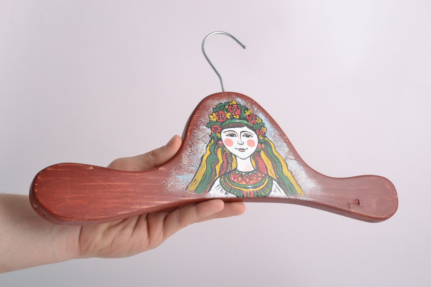 Handmade decorative wooden clothes hanger with painted image of Ukrainian girl photo 5