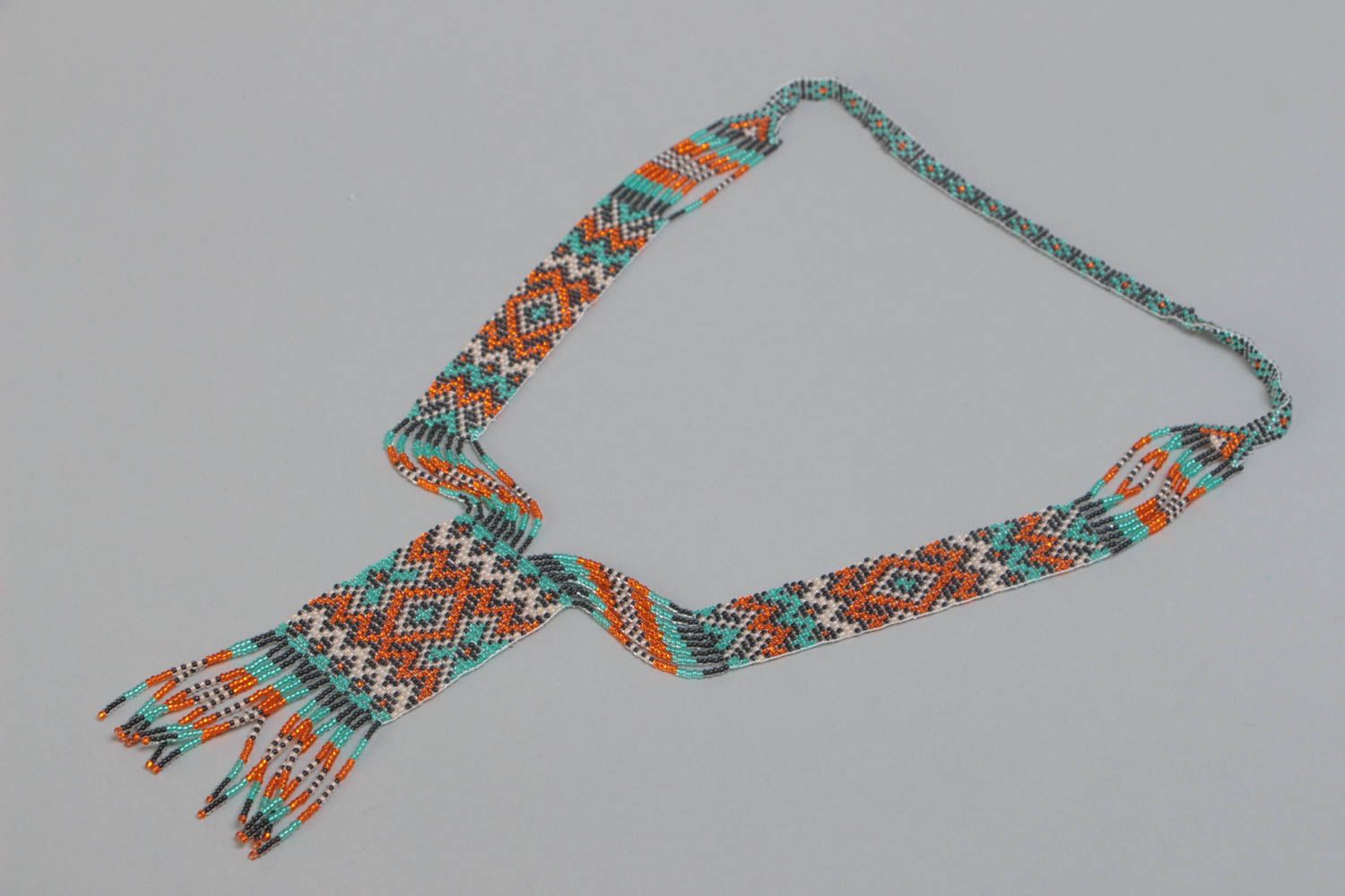 Unusual beautiful bright handmade woven beaded gerdan necklace with ornament photo 2