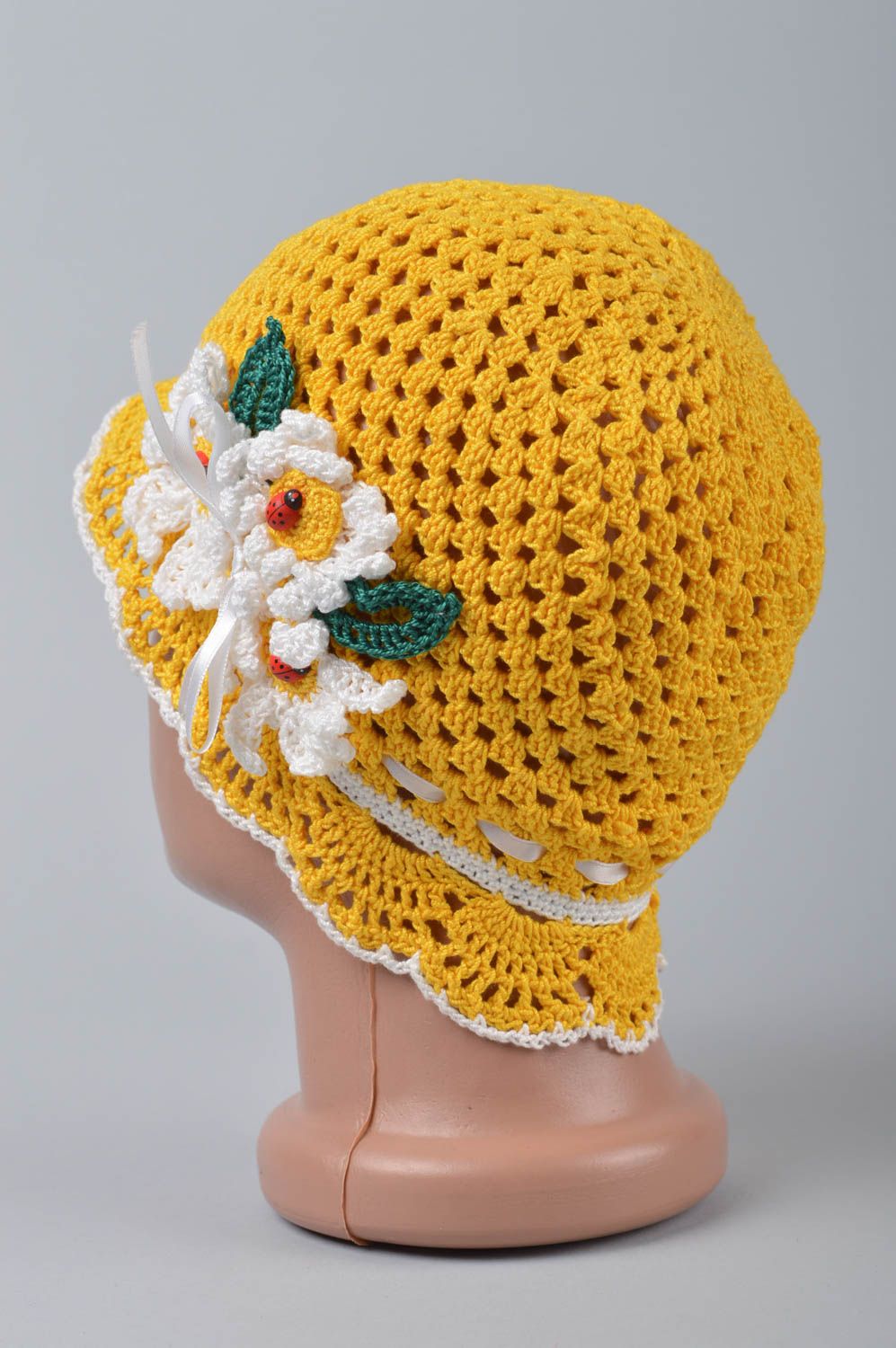 Детская шляпа ручной работы вязаная шляпа головной убор желтый с цветами фото 5