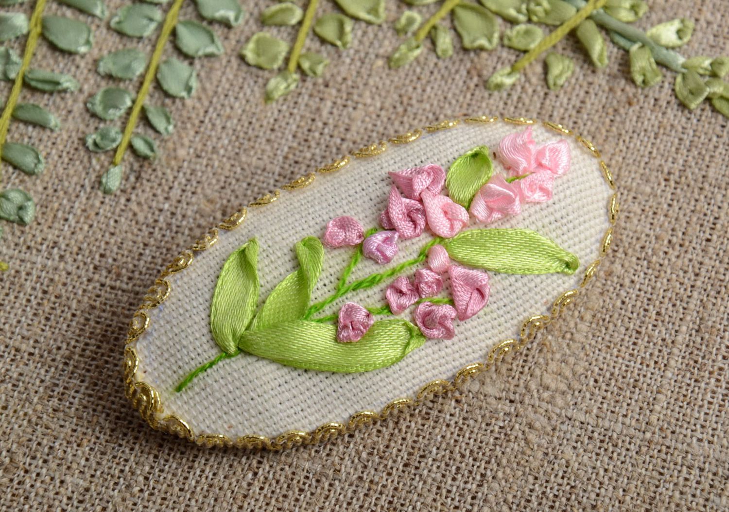 Handmade textile brooch with pink flowers satin ribbon embroidery photo 1
