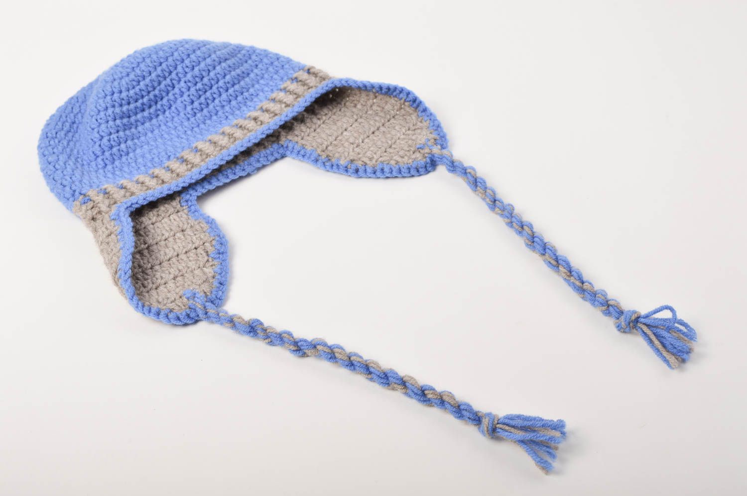 Bonnet tricot Chapeau fait main bleu gris Vêtement enfant cadeau pour enfant photo 3