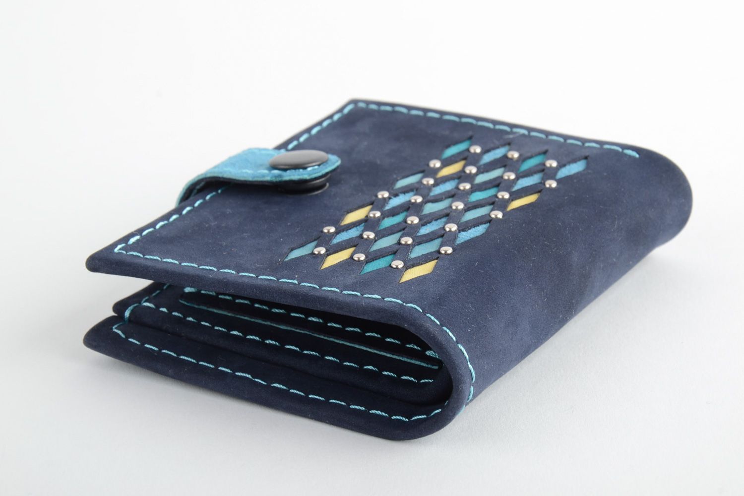 Handgemachte Brieftasche aus Leder für Damen blau mit Applikation dekoriert nett foto 4