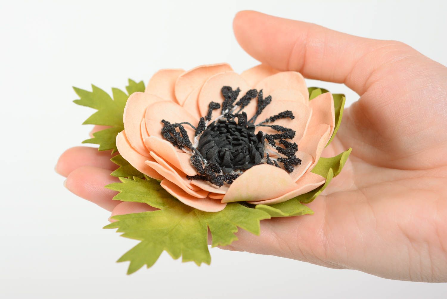 Handmade decorative designer foamiran flower brooch pink with black  photo 4