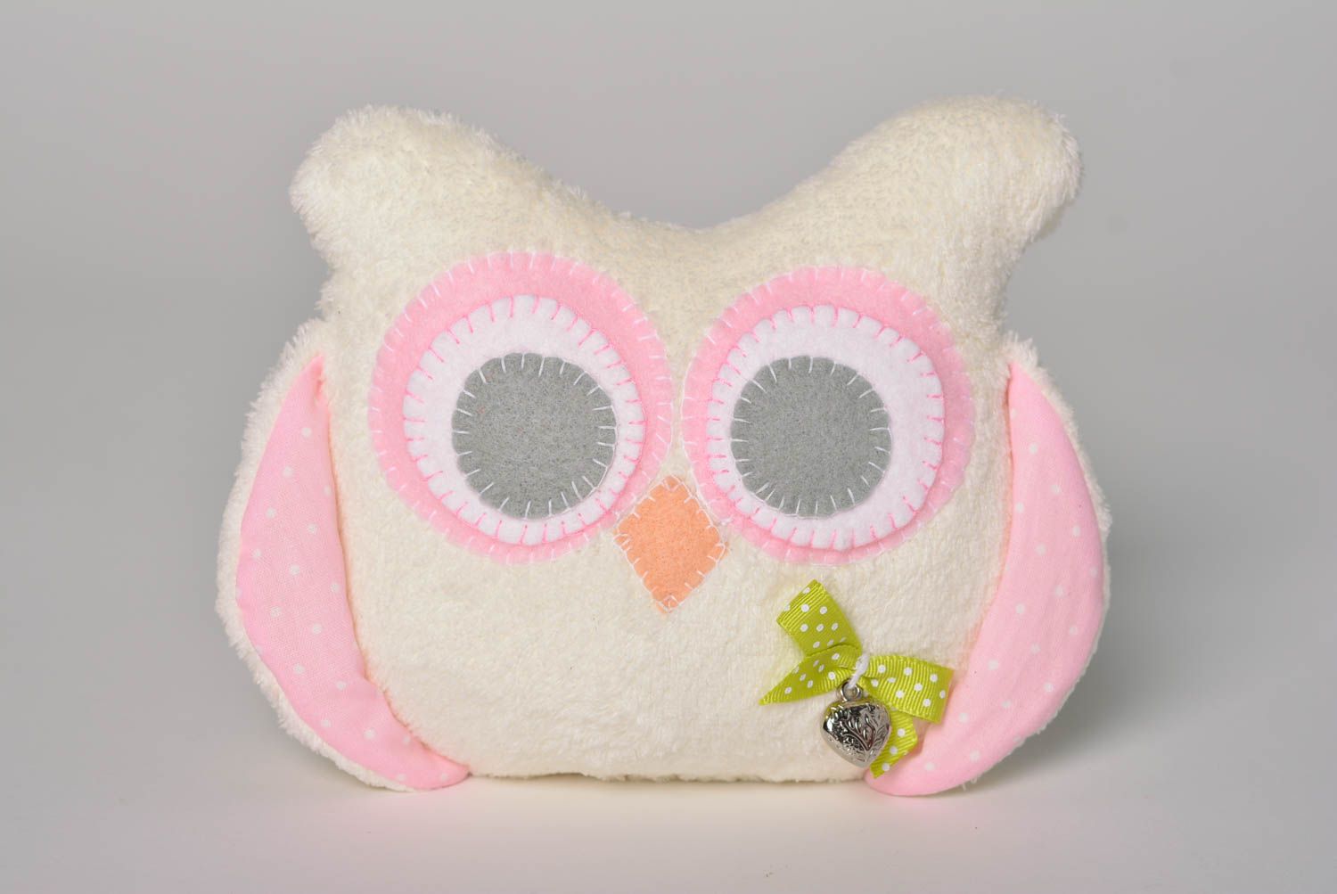 Handmade small funny soft toy sewn of fleece and cotton pink and white owl photo 1