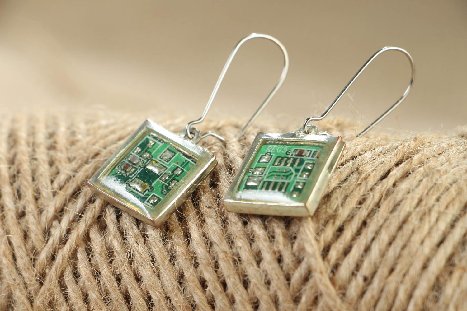 Unusual steampunk earrings with micro schemes photo 3